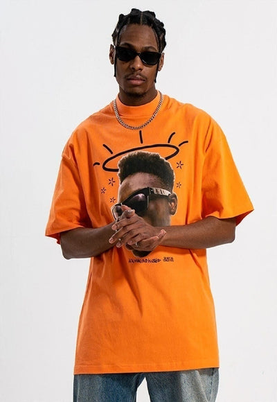 Grunge t-shirt raver print tee hip-hop top in orange