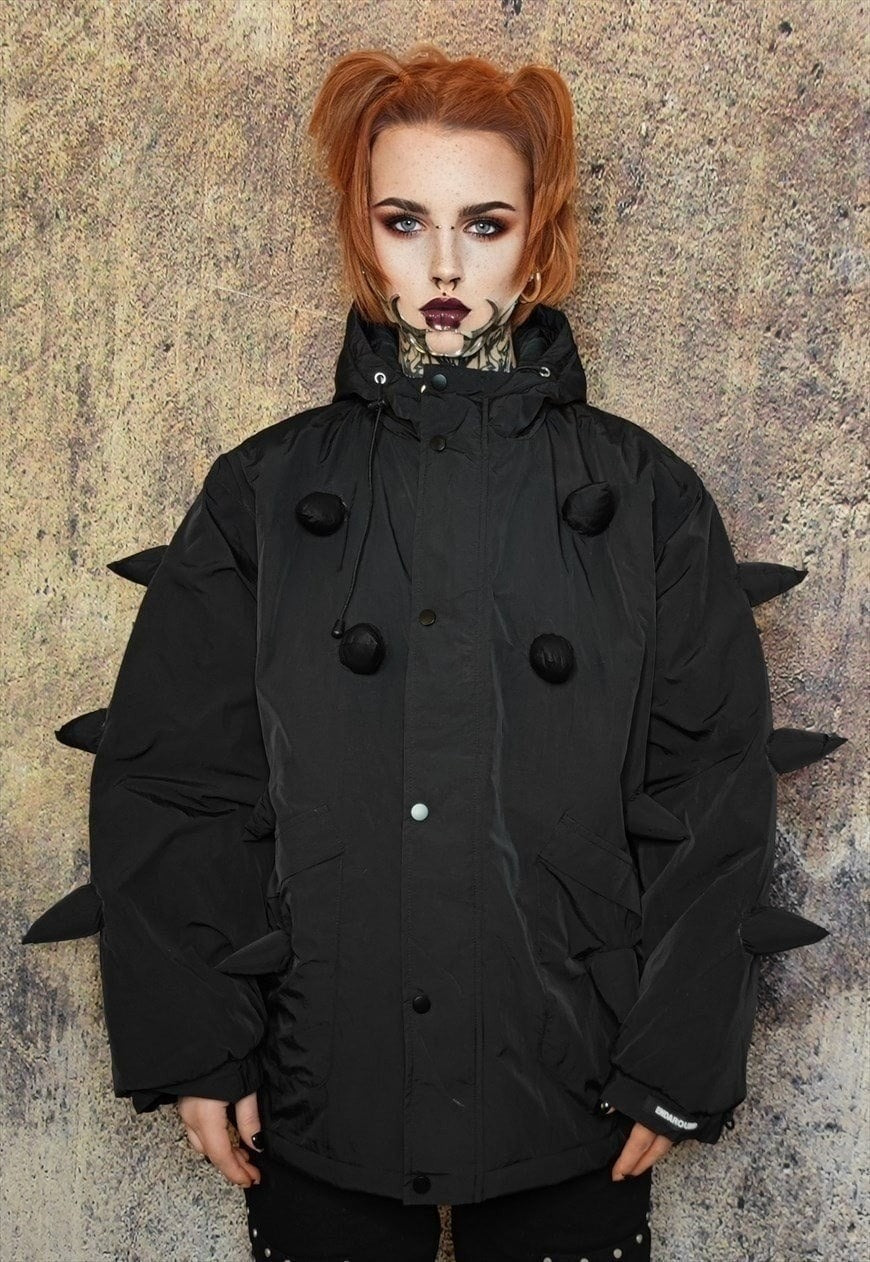 Spike bomber grunge jacket horn puffer punk coat in black
