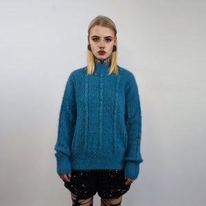 Fluffy blue sweater embellished luxury jumper long hair studded pullover going out top party sweat fancy dress knitted wedding blouse