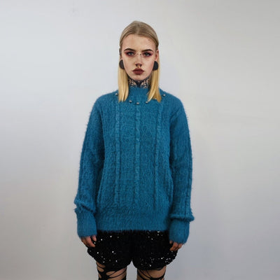 Fluffy blue sweater embellished luxury jumper long hair studded pullover going out top party sweat fancy dress knitted wedding blouse