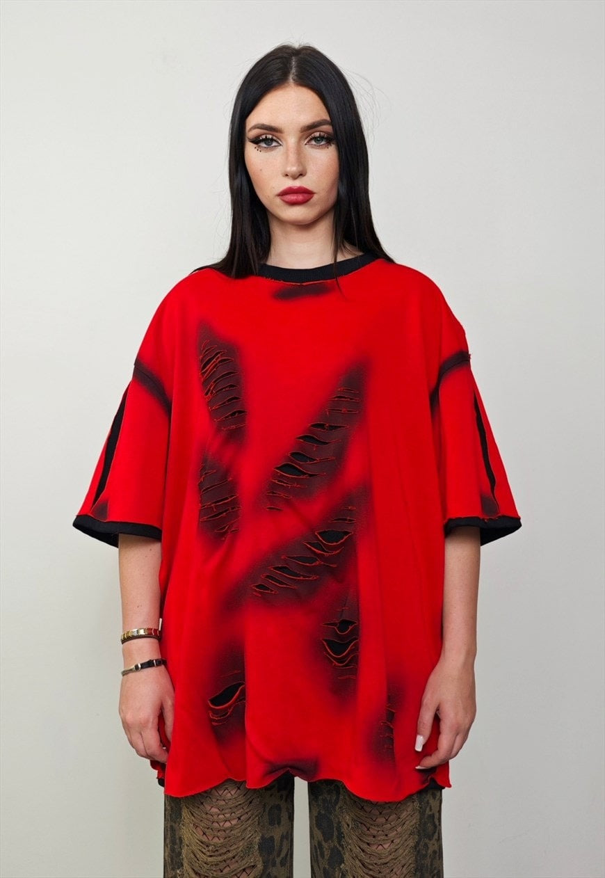 Ripped oversize t-shirt red double layer shredded grunge top