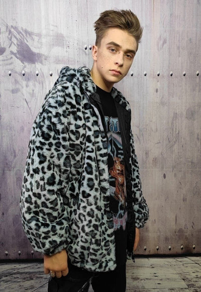 Leopard fleece jacket in grey animal print hooded bomber