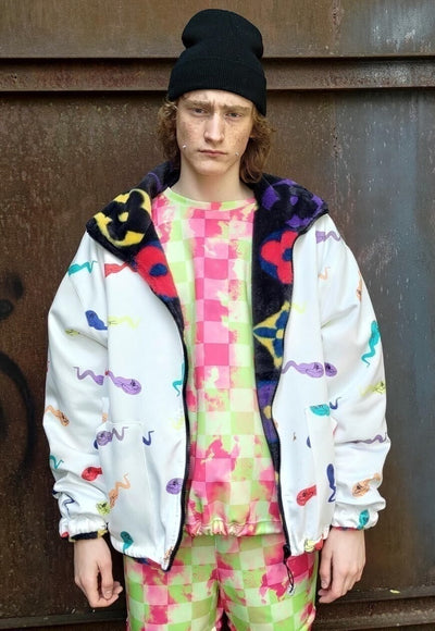 Floral fleece jacket handmade reversible geometric bomber