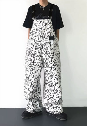 Punk dungarees graffiti print overalls jean playsuit white