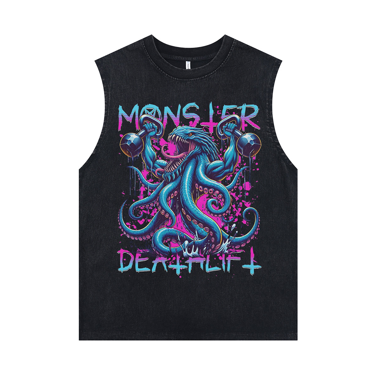 Bodybuilder sleeveless t-shirt monster cartoon surfer vest 00s retro tank top in acid wash black