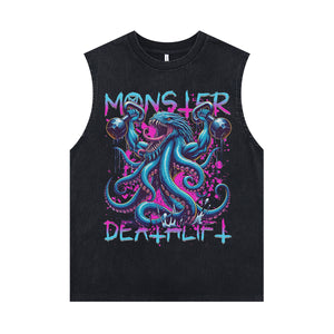 Bodybuilder sleeveless t-shirt monster cartoon surfer vest 00s retro tank top in acid wash black