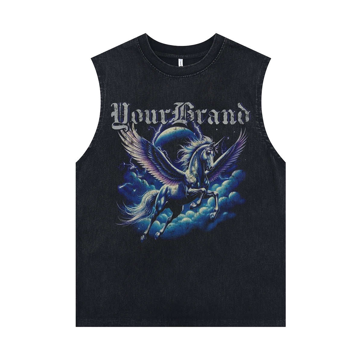 Unicorn print sleeveless t-shirt retro cartoon surfer vest 90s fantasy tank top in acid wash black