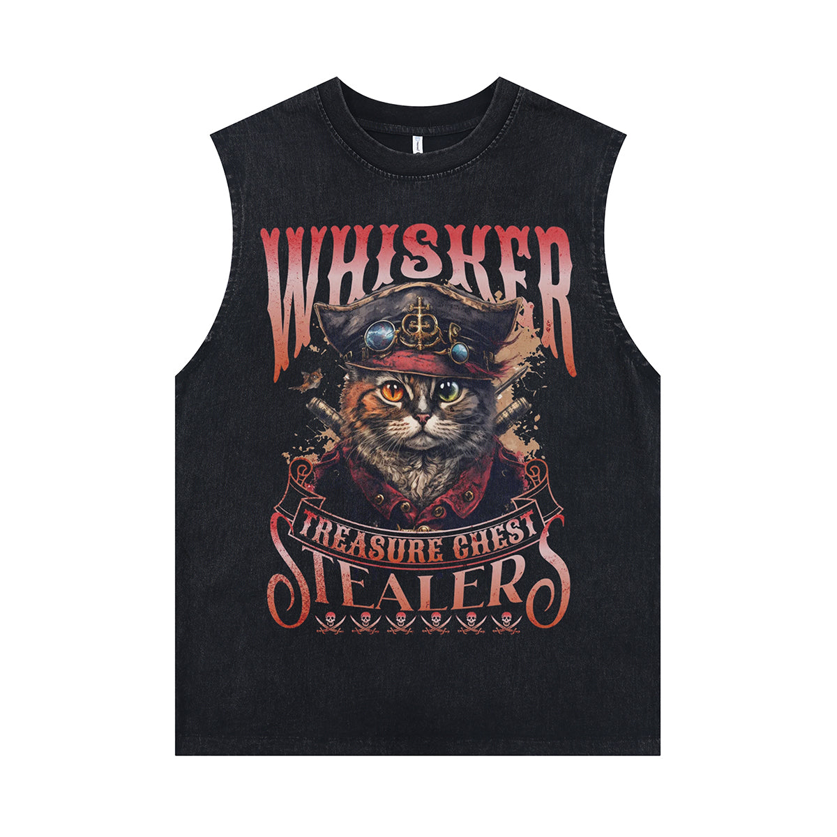 Pirate cat sleeveless t-shirt treasure slogan surfer vest retro poster tank top in acid wash black