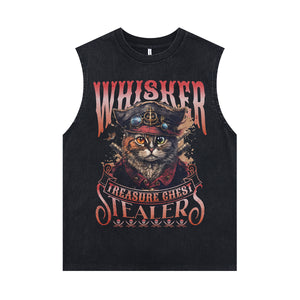 Pirate cat sleeveless t-shirt treasure slogan surfer vest retro poster tank top in acid wash black