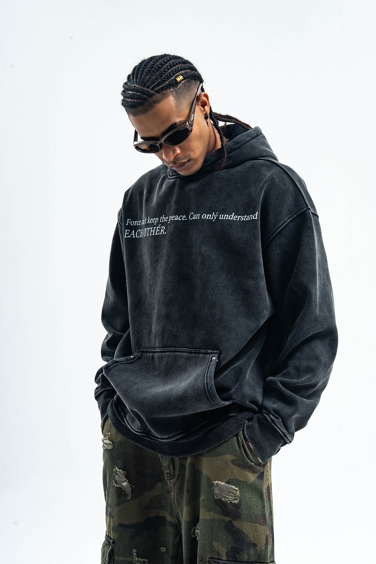 Peace slogan hoodie vintage wash anti war pullover retro jumper in acid grey