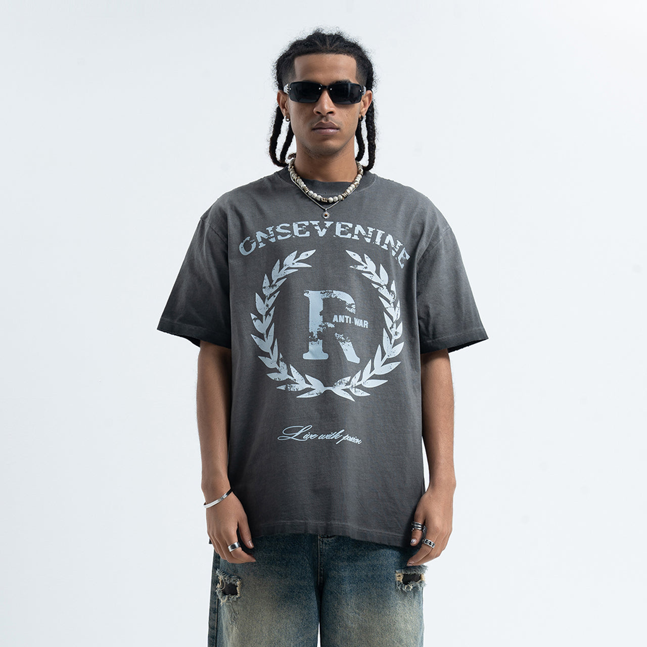 Anti war t-shirt peace slogan top hippie tee in grey