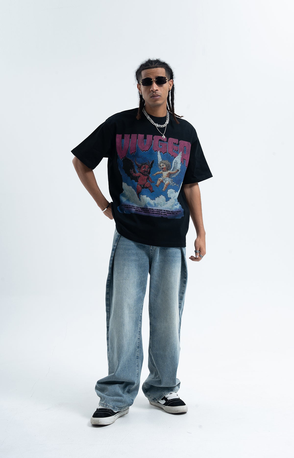 Angel devil t-shirt funny religion top retro cartoon tee in black