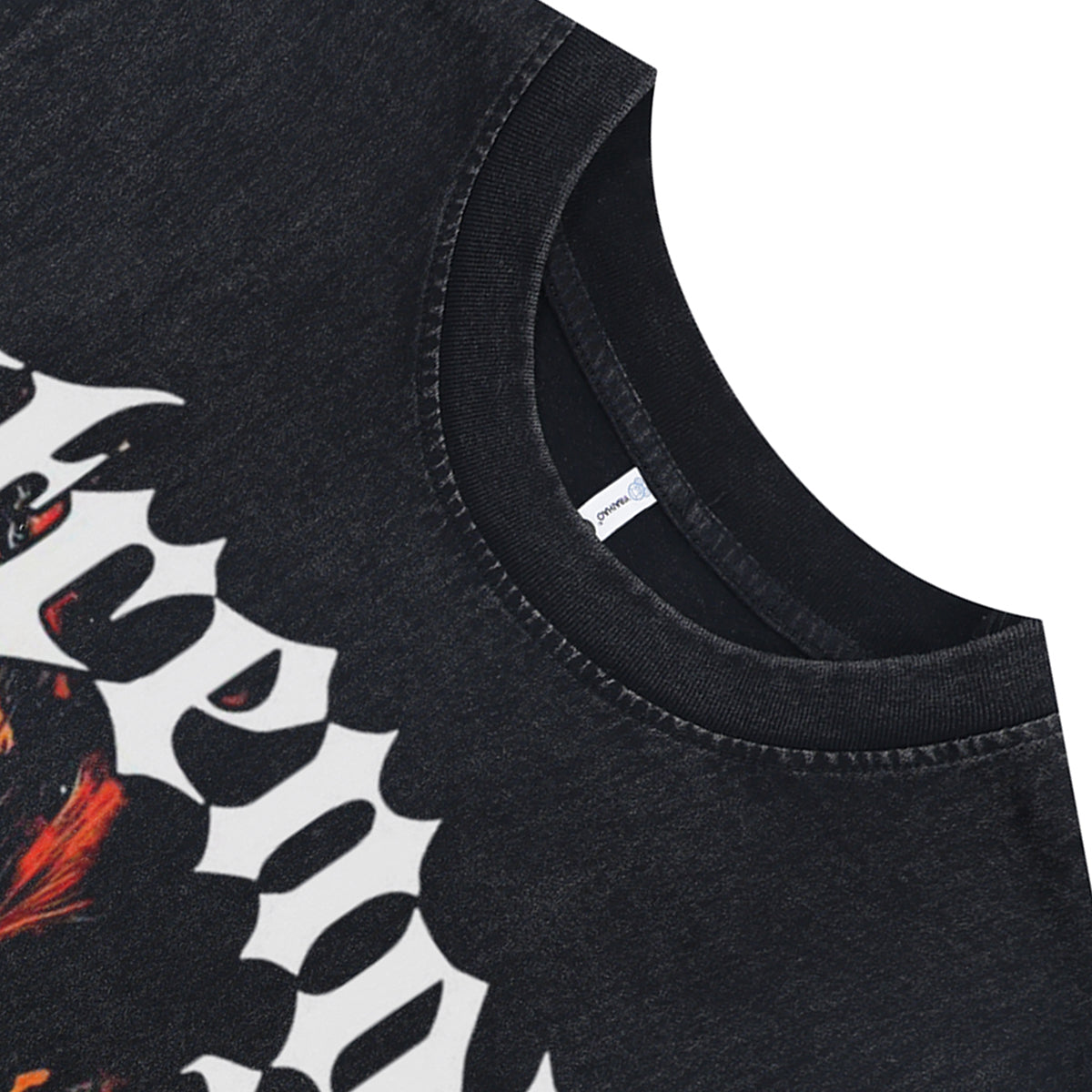 Lion print sleeveless t-shirt animal cartoon surfer vest 90s strenght slogan tank top in acid wash black