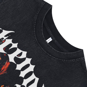 Lion print sleeveless t-shirt animal cartoon surfer vest 90s strenght slogan tank top in acid wash black