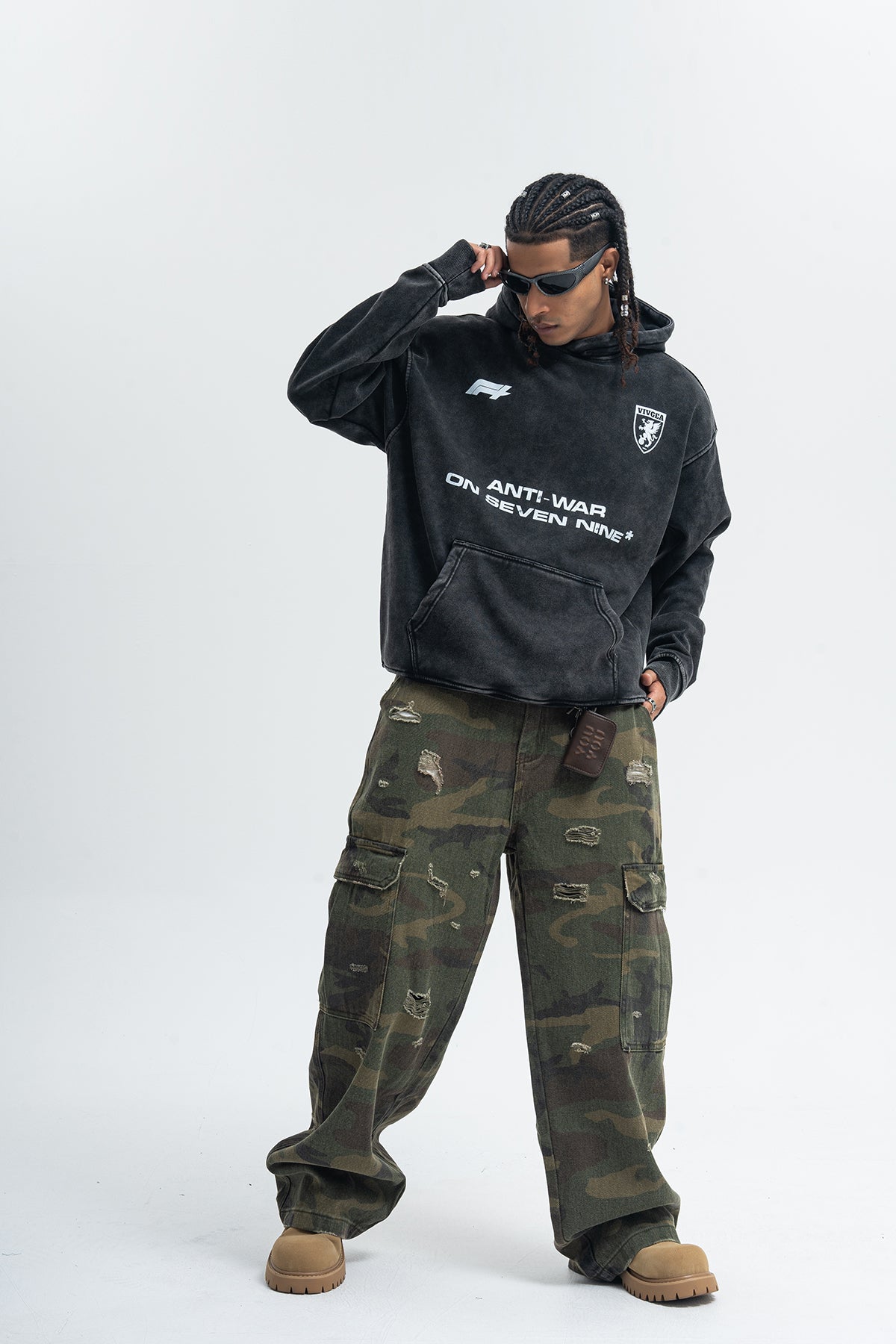 Anti war hoodie vintage wash peace jumper retro grunge top in acid grey