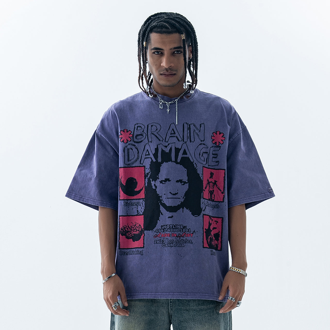 Creepy t-shirt brain slogan tee grunge top in Blue