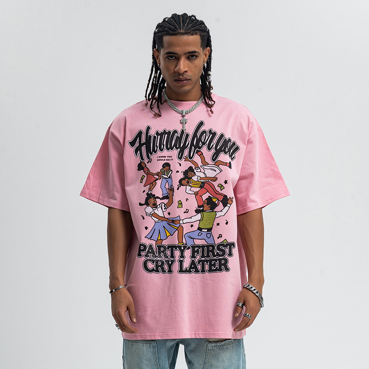 Party slogan t-shirt retro cartoon top 90s tee in Pink