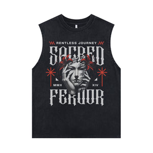 Gothic sculpture sleeveless t-shirt creepy cartoon vest 00s retro sacred slogan tank top in acid wash black
