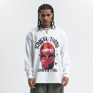 Balaclava print long sleeve top ganster t-shirt hip-hop jumper in white
