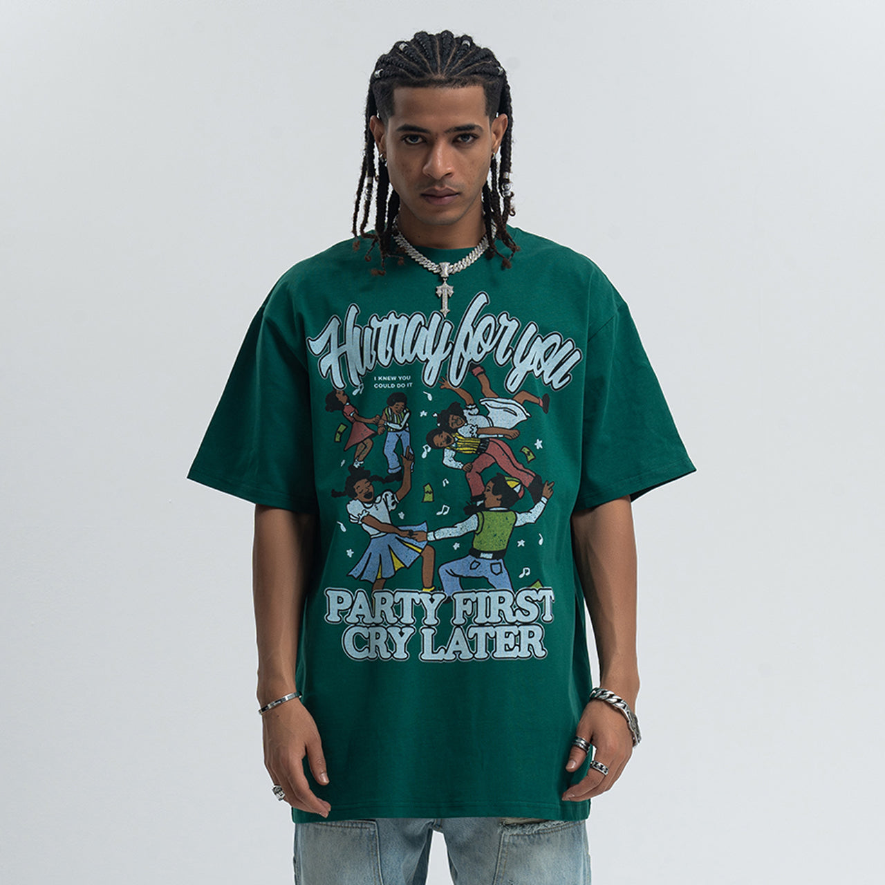 Party slogan t-shirt retro cartoon top 90s tee in green