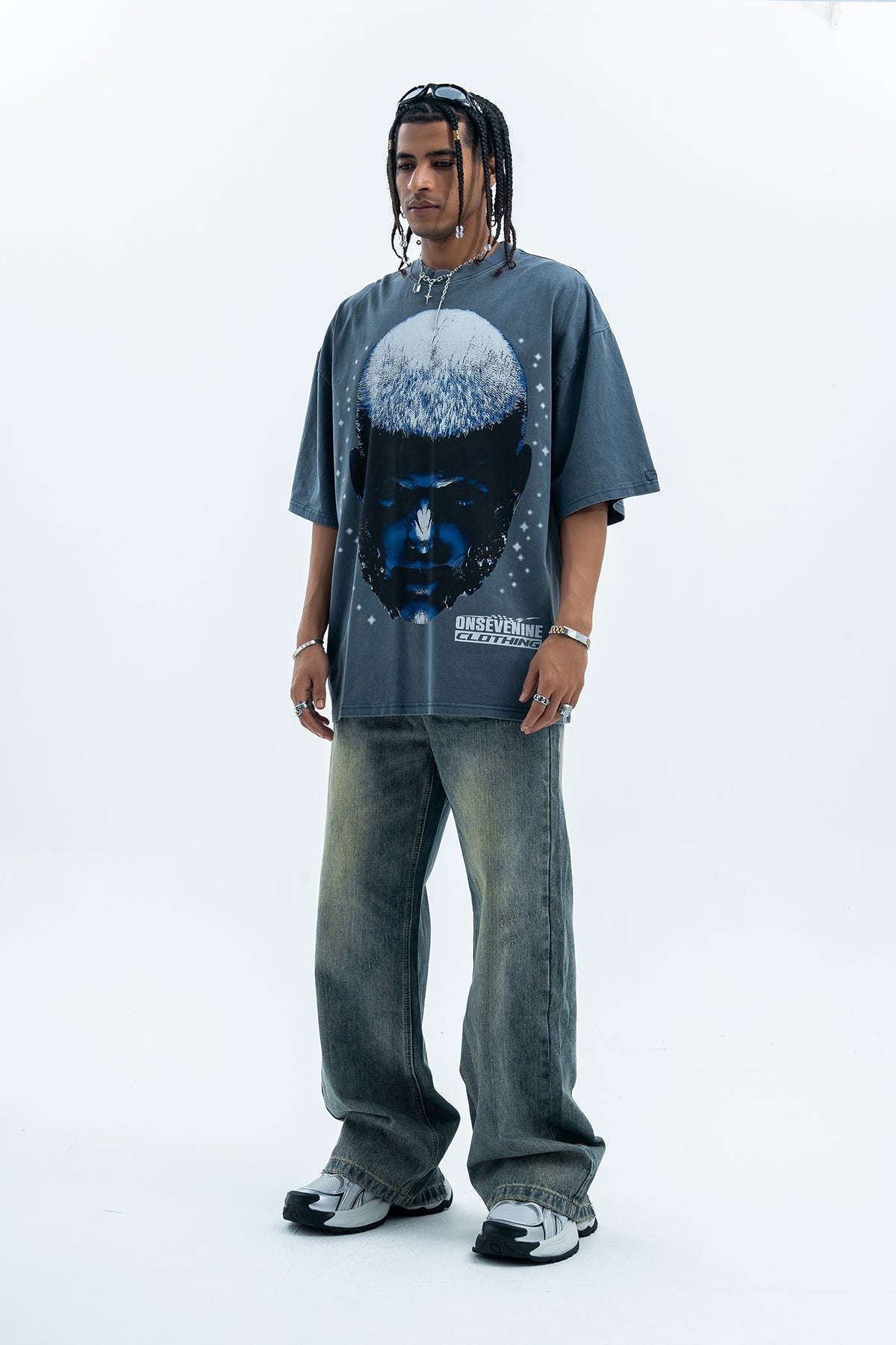 Cyberpunk t-shirt creepy psychedelic top man print tee in blue