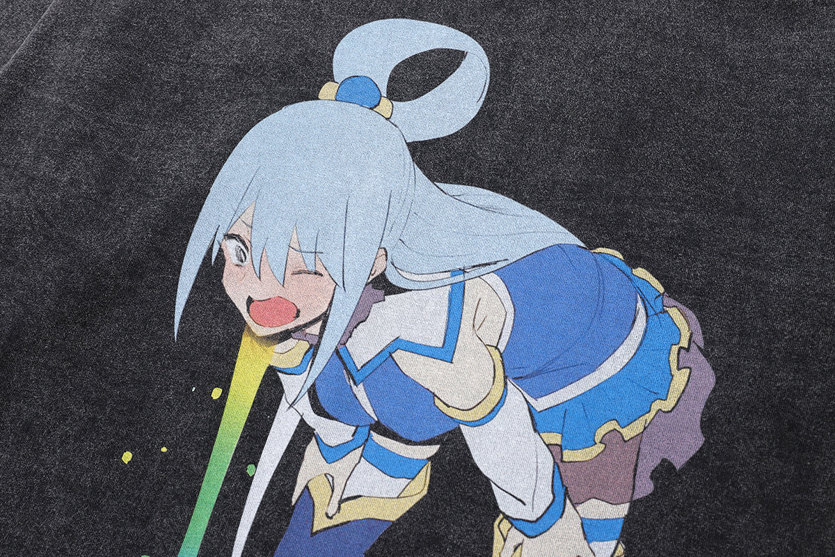 Funny anime t-shirt girl print tee y2k Japanese cartoon top in vintage grey