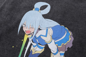 Funny anime t-shirt girl print tee y2k Japanese cartoon top in vintage grey