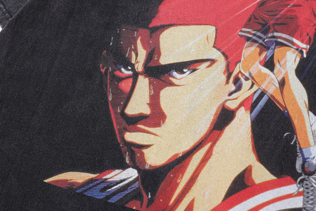 Basketball player cartoon t-shirt Japanese anime tee retro sports top in vintage grey