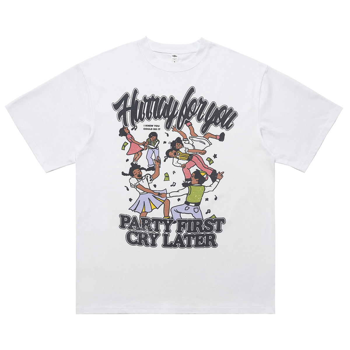 Party slogan t-shirt retro cartoon top 90s tee in black