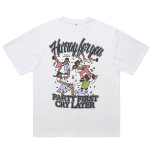 Party slogan t-shirt retro cartoon top 90s tee in black