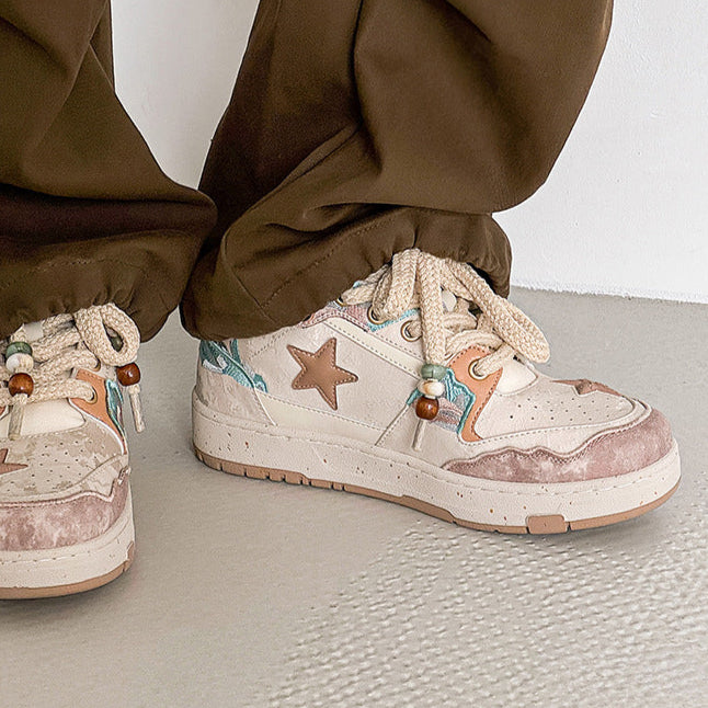 Star patchwork sneakers beige sea life shoes chunky sole hip-hop trainers 00s style