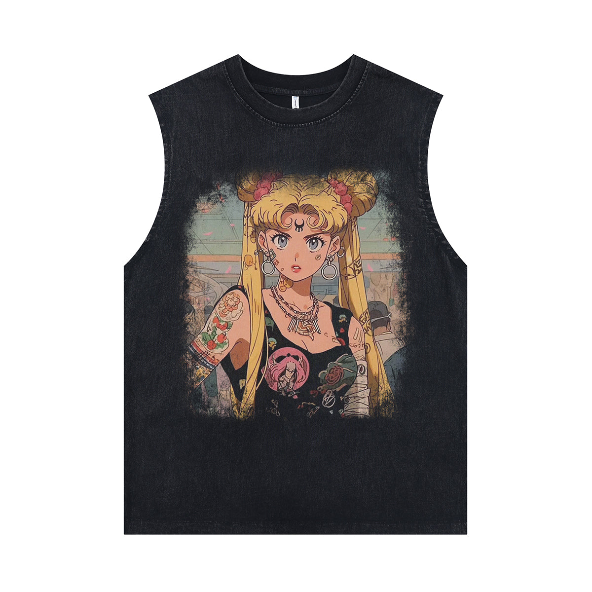 Sailor Moon sleeveless t-shirt vintage anime vest retro cartoon tank top in acid wash black