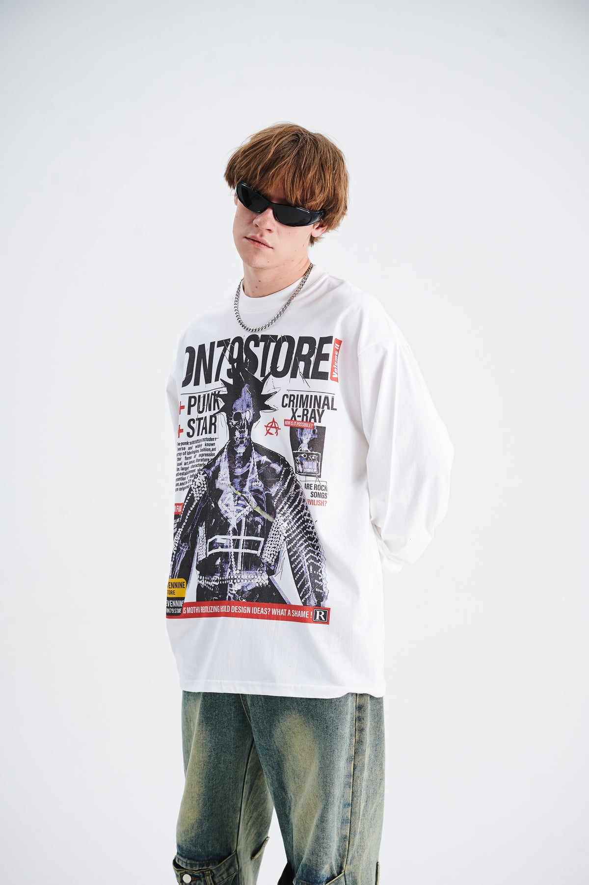 Y2k punk jumper 80s rocker top long sleeve psychedelic raver t-shirt in white