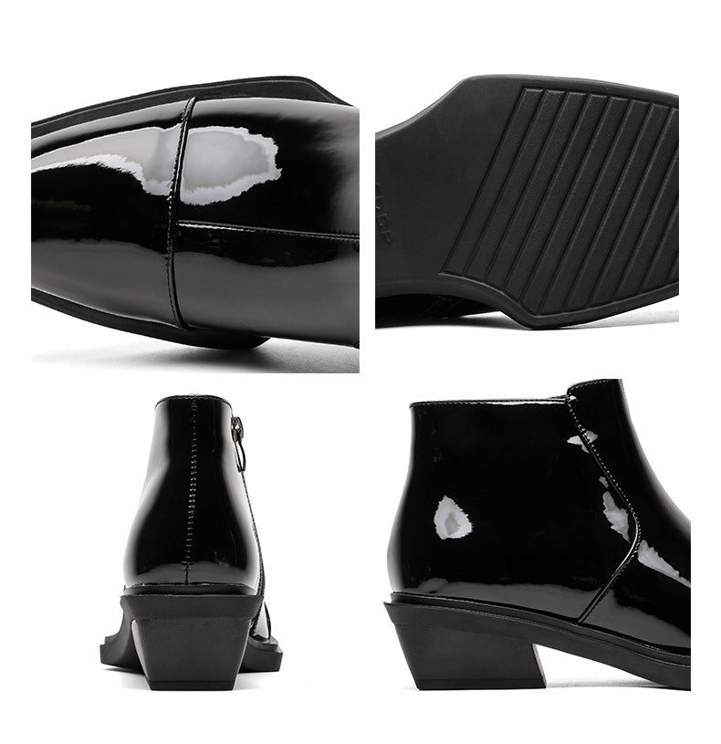 Pointy toe shiny ankle boots black unisex patent faux leather cowboy shoes high heel catwalk Chelsea boot