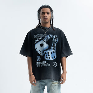 Dice print t-shirt retro game top good luck tee in black