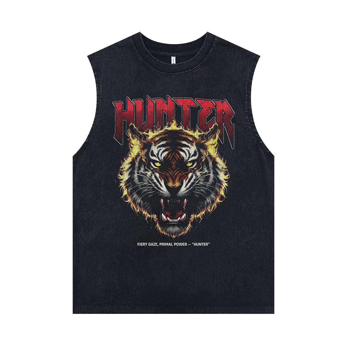 Tiger print vintage sleeveless t-shirt hunter slogan surfer vest retro metalcore tank top in acid wash black
