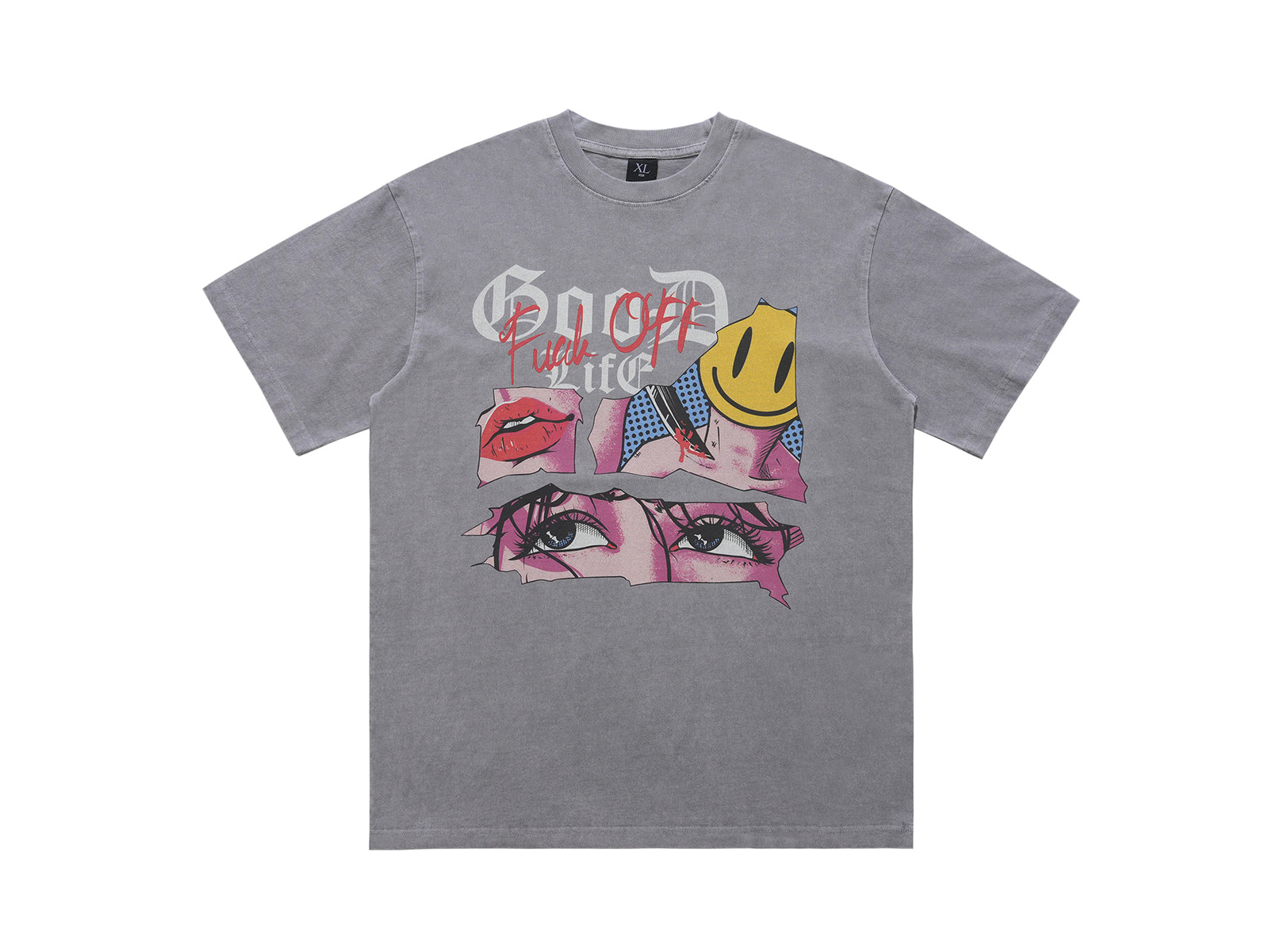 Anime t-shirt retro cartoon top 90s tee good life slogan jumper in grey