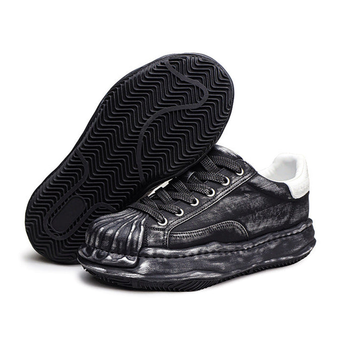 Oil wash melted platform sneakers black round toe chunky skater shoes grunge rapper trainers