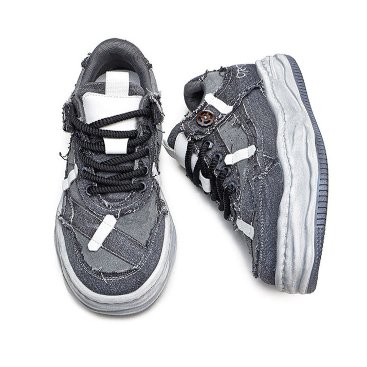 Melted platform denim sneakers grey round toe chunky skater shoes grunge jean trainers