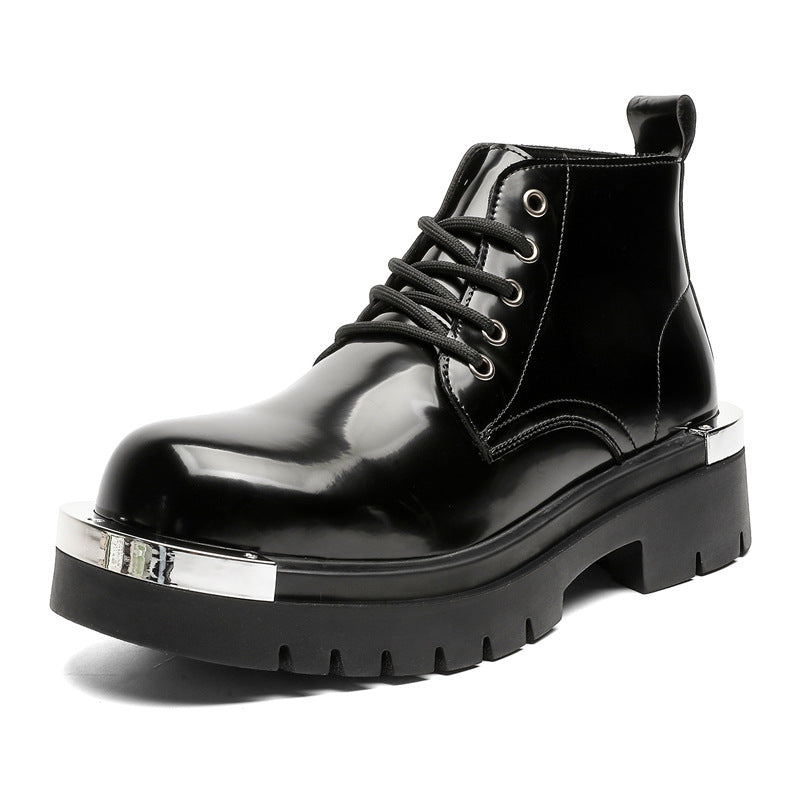 Metal plated ankle boots black shiny patent faux leather chunky sole round toe grunge shoes