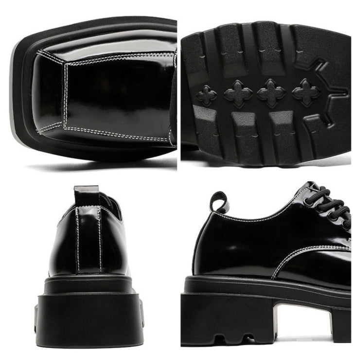 Square toe Derby shoes black shiny chunky sole brogues catwalk shoes grunge fashion boots