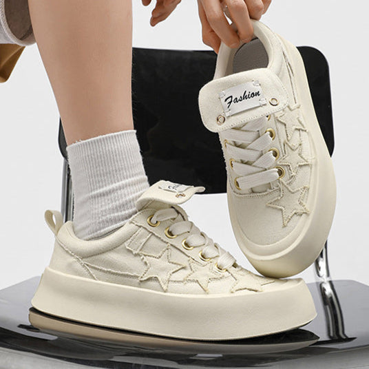 Star patchwork denim sneakers black denim shoes chunky sole hip-hop trainers 00s style