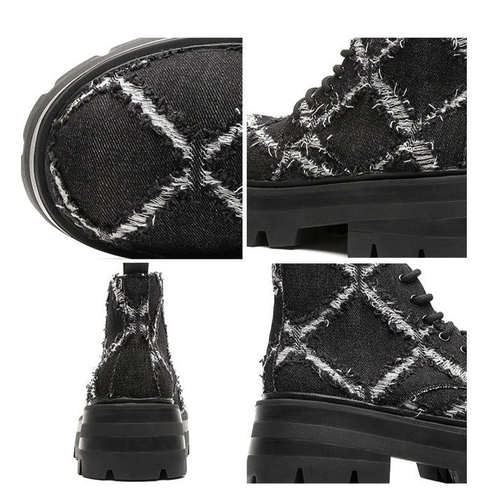 Distressed denim boots grey high platform rocker shoes big sole grunge trainers 80s style