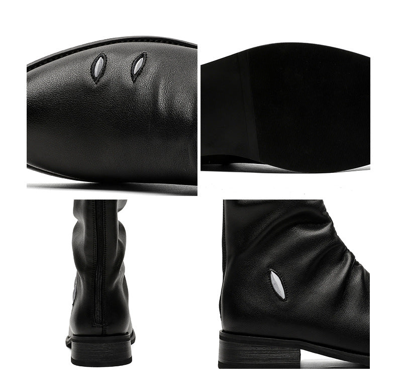 Long wrinkled catwalk boots black faux leather flat sole ankle shoes punk rocker shoes edgy 90s style