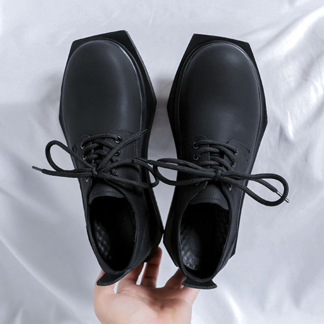 Asymmetric platform patent faux leather shoes black shiny round toe chunky sole catwalk shoes grunge fashion boots