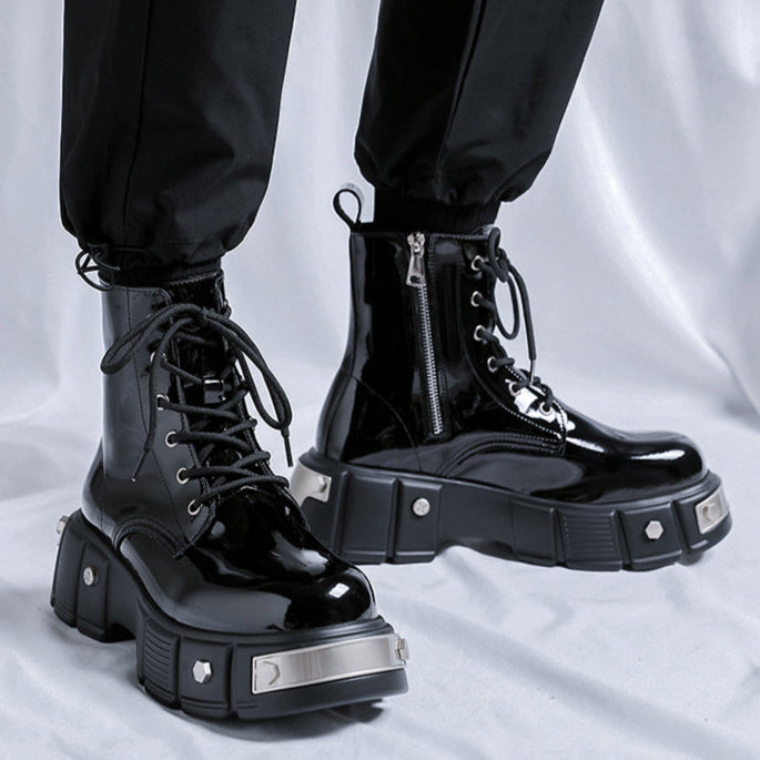 Metal plated Derby boots shiny black chunky sole round toe brogues patent faux leather catwalk shoes grunge fashion