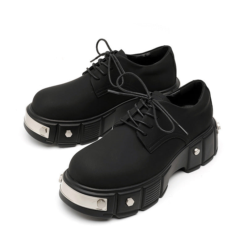 Metal plated Derby shoes matte black chunky sole round toe brogues faux leather catwalk shoes grunge fashion