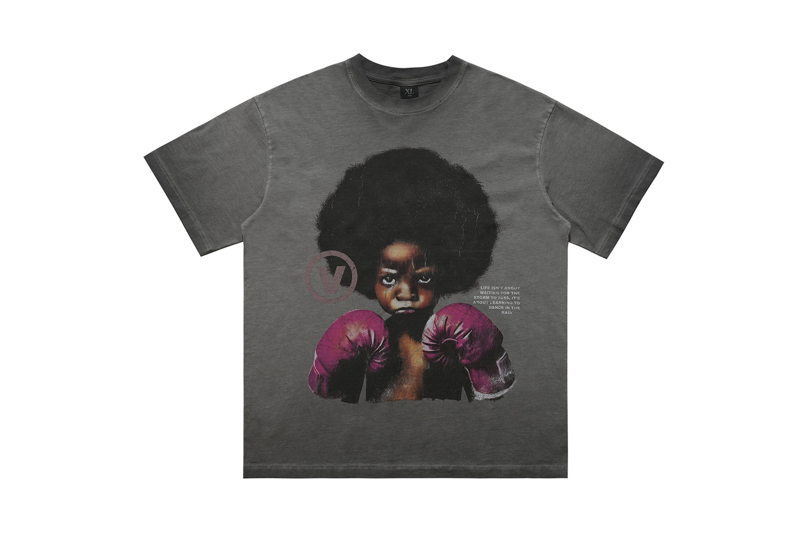 Kid boxer t-shirt retro cartoon top motivational slogan tee in grey