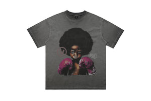 Kid boxer t-shirt retro cartoon top motivational slogan tee in grey