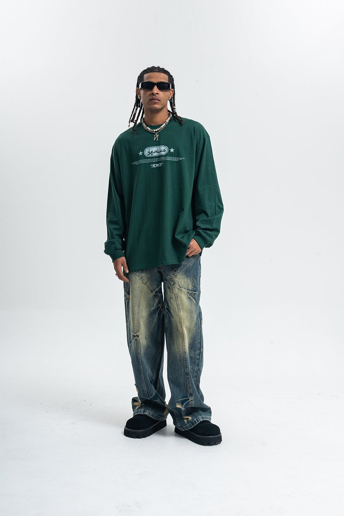 Genius slogan jumper 00s grunge long sleeve top skater t-shirt in black